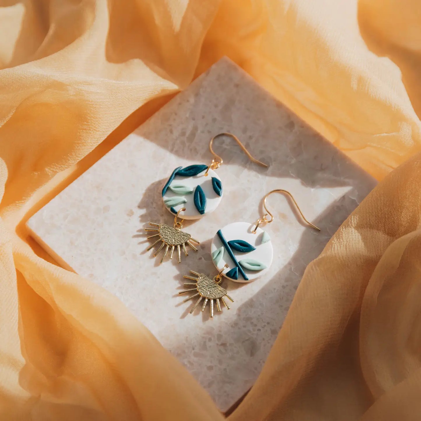 Foliage with Brass Drop Earrings, Embroidery Floral Inspired