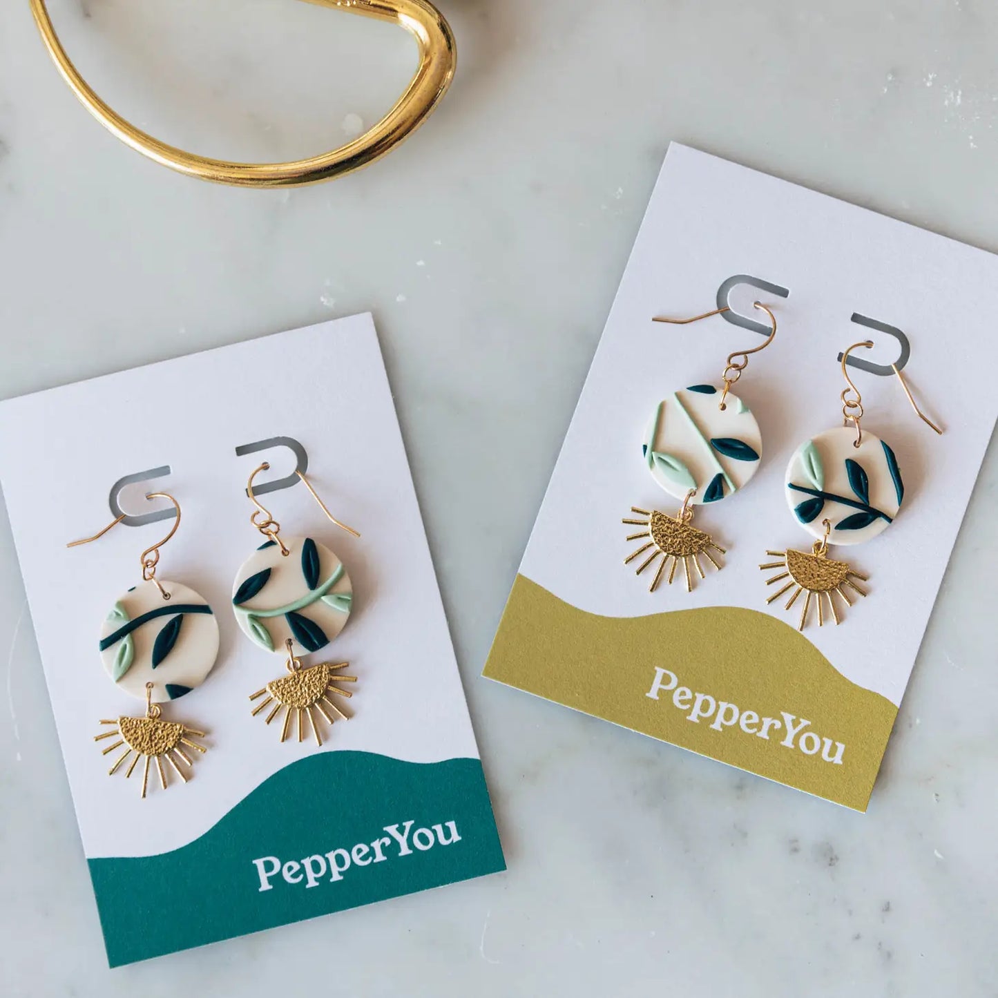 Foliage with Brass Drop Earrings, Embroidery Floral Inspired