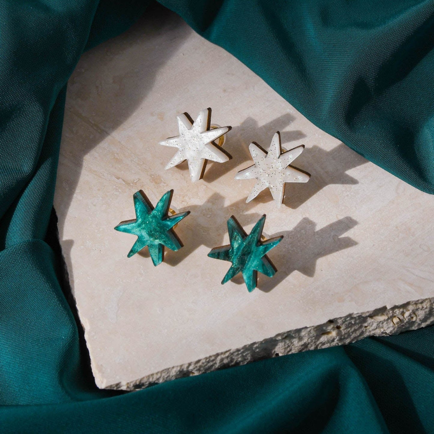 Hand Drawn Star Studs in Marble White Sparkle